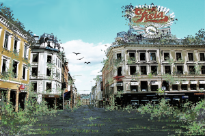 Egertorget apokalypse. Illustrasjon: Evy Litovchenco