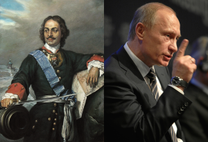Kollasj: Peter den store og Vladimir Putin.