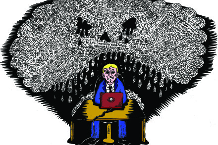 Tegning av en vitenskapsmann som svetter i møtet med altfor store data.
