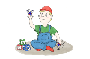 Tegning av en liten gutt som leker med to molekyler.